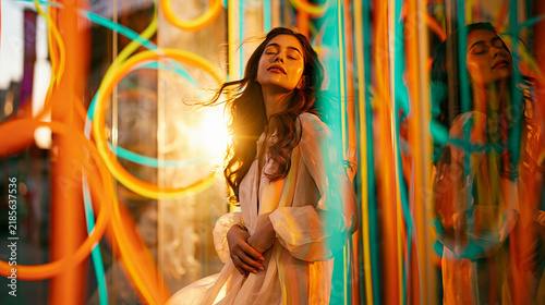 Dreamy Woman Surrounded by Vibrant Neon Light Reflections at Golden Hour Urban Portrait