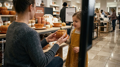 Mother Showing Her Daughter a Pumpkin-Shaped Sugar Bowl in a Halloween Store