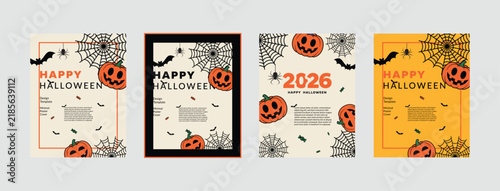 Happy Halloween Poster Cover Design Template Set with Pumpkins Spider Webs and Bats