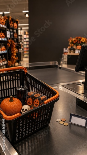 Halloween shopping basket with pumpkin and candy at checkout, consumer spending concept for retail advertising