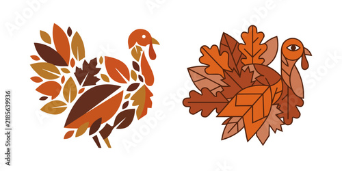 Thanksgiving turkey made of autumn leaves geometric mosaic icons set