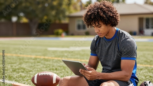 Young athlete using a tablet beside a football field