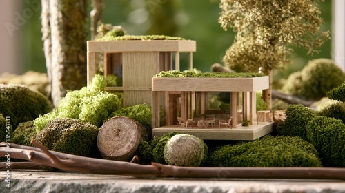 twigs. A miniature sustainable home model nestled among moss and twigs, bathed in soft sunlight. ESG reports, sustainability campaigns, designed for sustainability communications and ESG reporting.