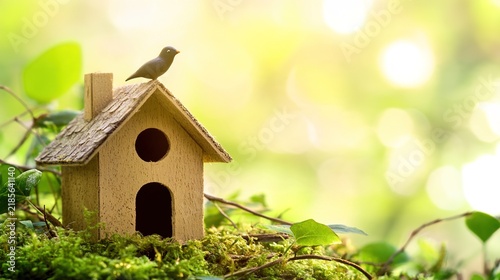 twigs. A miniature sustainable home model nestled among moss and twigs, bathed in soft sunlight. ESG reports, sustainability campaigns, designed for sustainability communications and ESG reporting.
