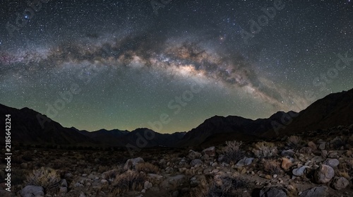 Milky Way Galaxy Arching Over Mountain Valley Under Starry Night Sky
