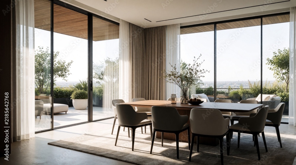 Obraz premium Modern dining room with large windows overlooking city view and balcony. Sleek furniture and bright natural light create an elegant living space.