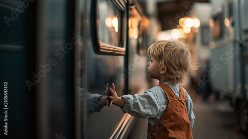 Curious Toddler Touching Train Window During Travel at Sunset with Warm Bokeh Lights