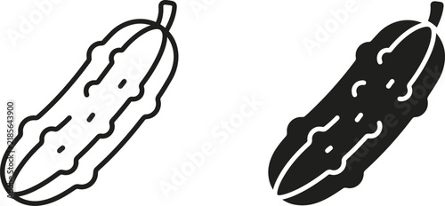Two cucumber icons showing a simple outline and a solid silhouette style vector design