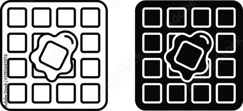 Two flat line icons of square waffles topped with melting butter pieces for breakfast menu design