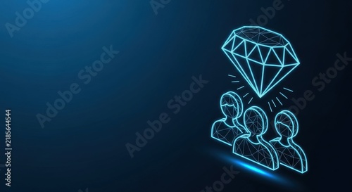 Team achieving diamond success and value represented by glowing icons and abstract geometric patterns on a dark blue digital background