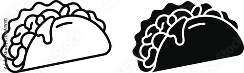 Two vector taco icons featuring outlined and solid silhouette styles for culinary graphic design projects