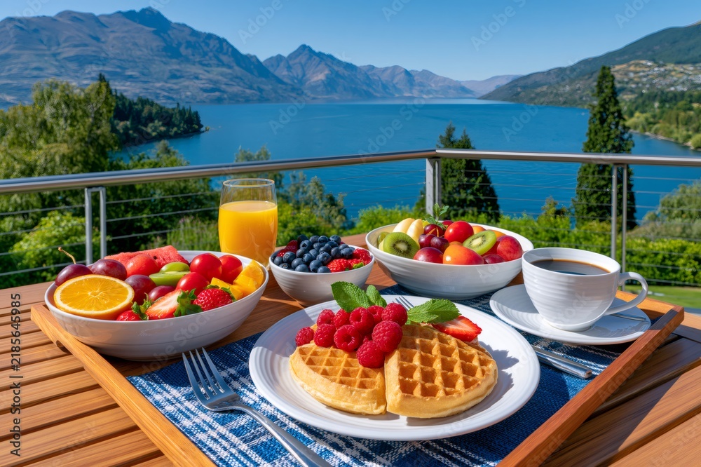 Obraz premium Breakfast with waffles and fruit overlooking Lake Wakatipu