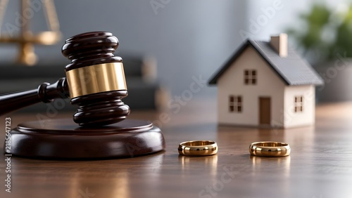 Judge gavel with gold wedding rings and miniature house model on wooden desk illustrating family law divorce settlement and property division