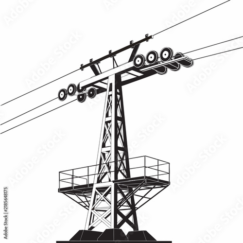 Industrial cable car tower vector illustration, ski lift pylon with pulley wheels, black and white mountain transport infrastructure