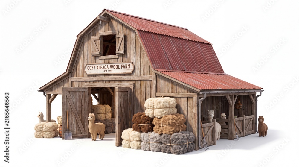 Obraz premium Rustic Wooden Barn Farm Building with Stacked Wool Bales and Alpacas for Agricultural Imagery