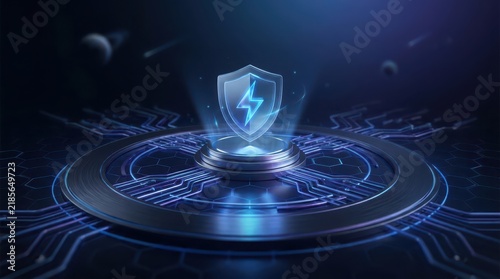 Modern digital security shield with lightning bolt on glowing circuit board design
