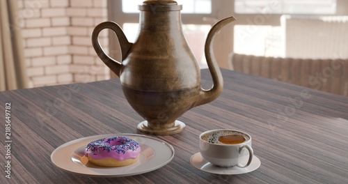 Konstfotografi Vintage brass teapot with cup and saucer on wooden table