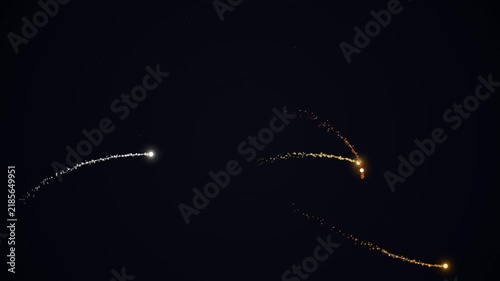 Glowing abstract golden and white light trails against dark night sky during celebratory display