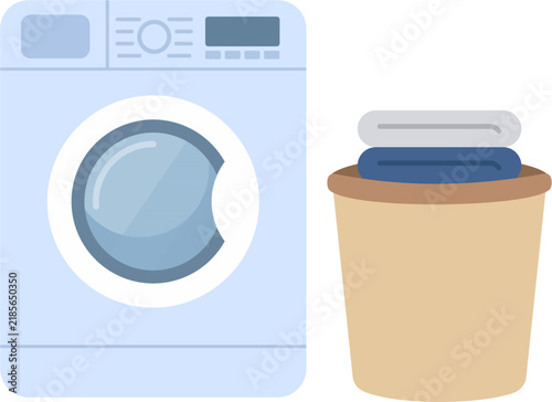 Washing Machine and Laundry Basket with Folded Clothes Flat Vector Illustration