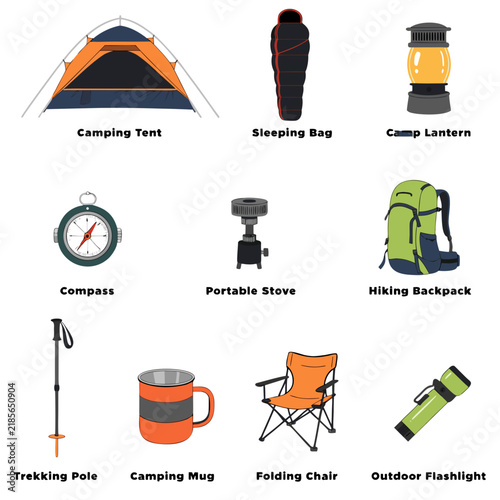 Camping gear icons set, flat outdoor adventure equipment collection, 10 hiking and trekking vector elements for travel design