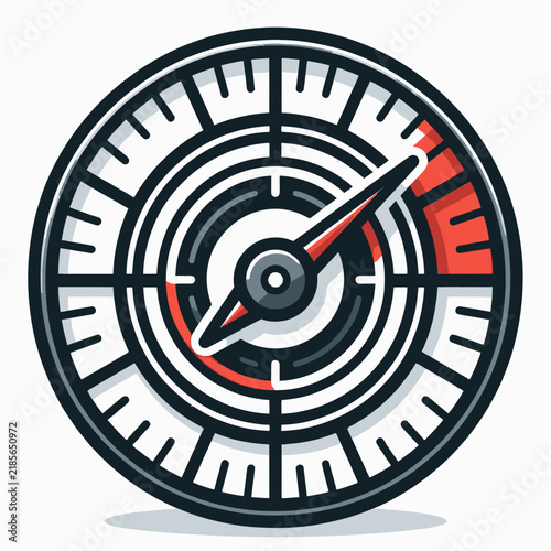 A stylized illustration of a compass with a needle pointing towards the red zone, indicating direction or measurement.