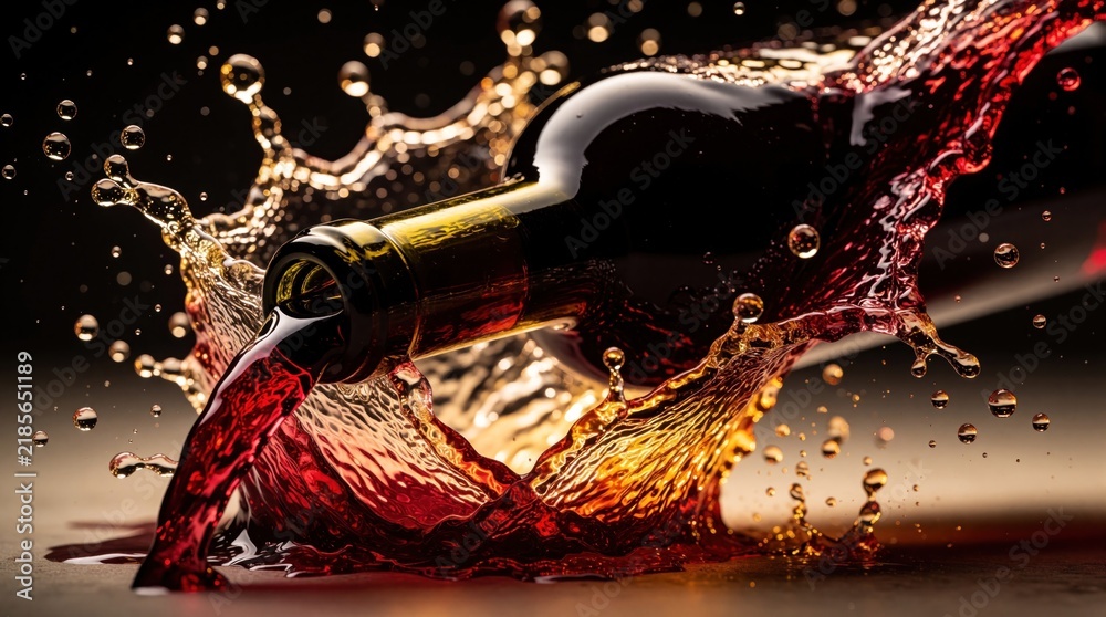 Obraz premium Red wine bottle splashes liquid violently. Red beverage pours and creates dynamic splash effect. Dark glass container spills alcohol creating motion in studio.