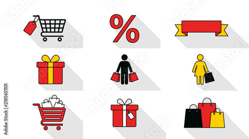 Set of nine flat design shopping icons including carts, gift boxes, people with bags, and a percentage sign, isolated on white