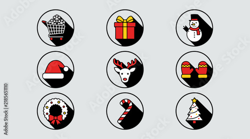 Set of nine flat design winter holiday icons including a shopping cart, gift, snowman, hat, reindeer, mittens, wreath, candy cane, and tree