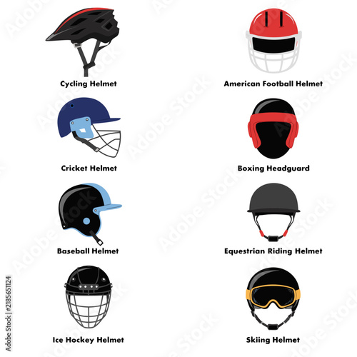 Professional sports helmet collection, set of 8 protective headgear icons, athletic safety equipment for cycling and football