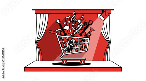 Shopping cart filled with musical instruments and notes on a stage with red curtains and spotlight, flat design