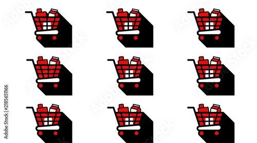 Shopping cart icon filled with groceries, flat design with long shadow, isolated on white background