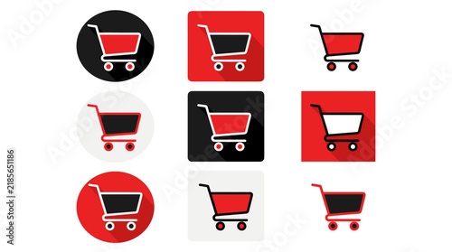 Shopping cart icons in flat design with long shadow effect, set on various colored backgrounds