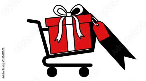 Shopping cart with a large red gift box and a black price tag, flat design vector illustration