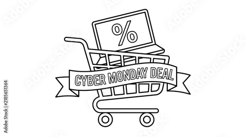Stylized shopping cart with laptop displaying percentage symbol and banner reading 