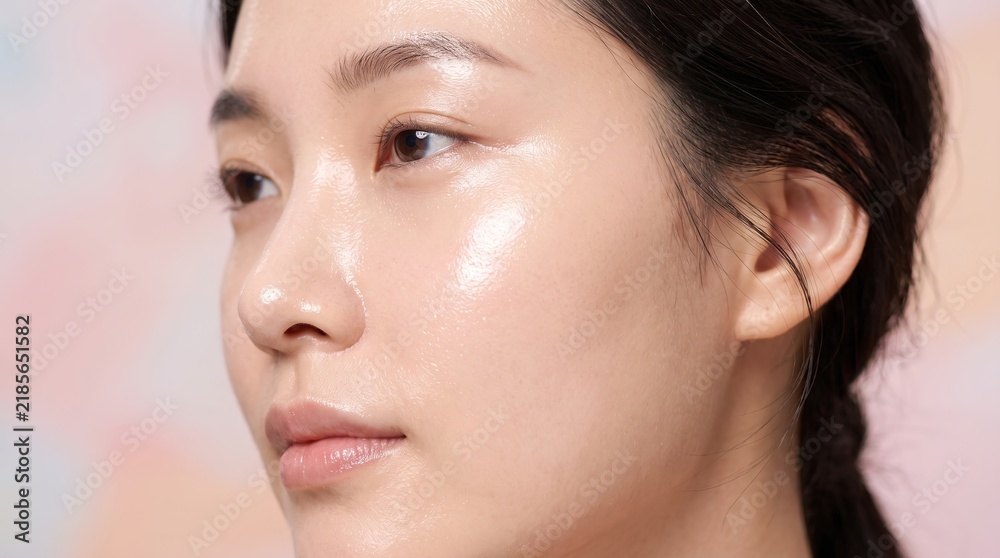 Obraz premium Beautiful Asian woman with radiant dewy glass skin looking away