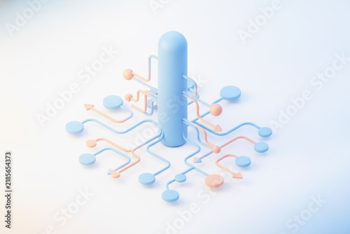 3D flowchart tree with blue and orange nodes branching downward, soft pastel background