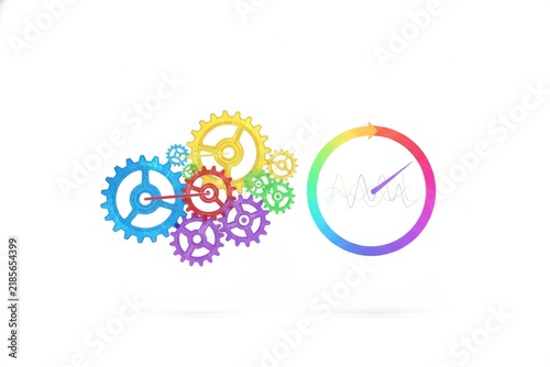 Colorful gears and a progress dial representing model training and parameter tuning, white background