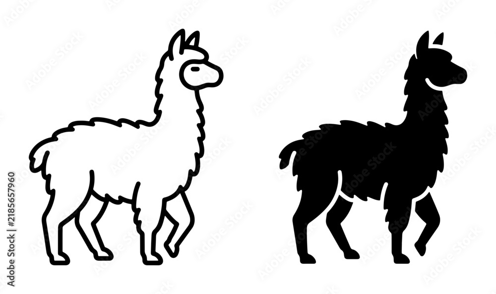 Fototapeta premium Llama Icon Set, Vector Silhouette and Outline Art, Cute Animal Graphics for Branding and Design Projects