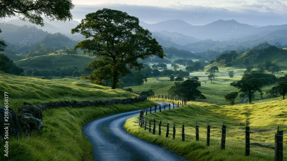 Obraz premium Serene countryside landscape with winding road, lush green fields, rolling hills, and distant mountains under soft morning light