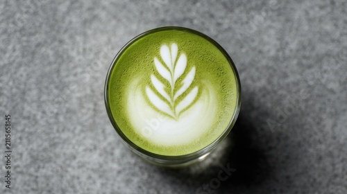 Top View of Matcha Latte with Leaf Art