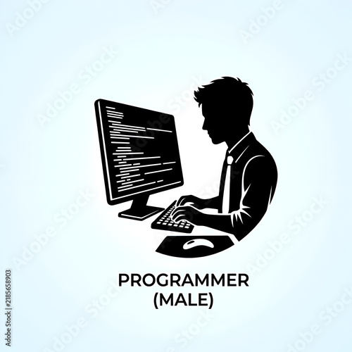 Minimalist Silhouette Icon of Male Software Developer Coding on Computer