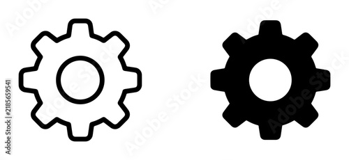 Two Gear Icons, Outline and Solid Black, Representing Settings, Mechanics, and Engineering Concepts