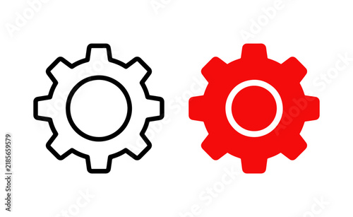 Two Gear Icons, Black Outline and Red, Mechanical Engineering Symbols, Industry and Technology Concepts, Vector Graphics