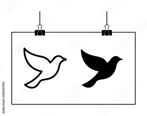 Two Silhouette Dove Vectors, Outline and Solid Black Bird Icons, Symbolizing Peace and Freedom, Minimalist Graphic Elements