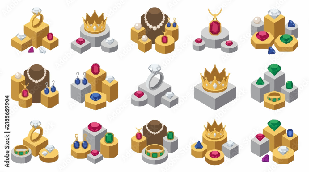 Obraz premium Industrial Isometric of Luxurious Jewelry and Royal Crowns on Display Pedestals with Gems with high quality professional line art symbols for modern creative design and digital branding projects