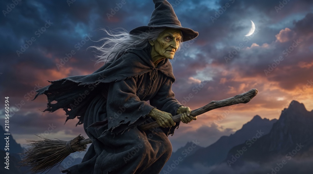 Fototapeta premium Old green witch flying on a wooden broomstick against a dramatic dusk sky and crescent moon