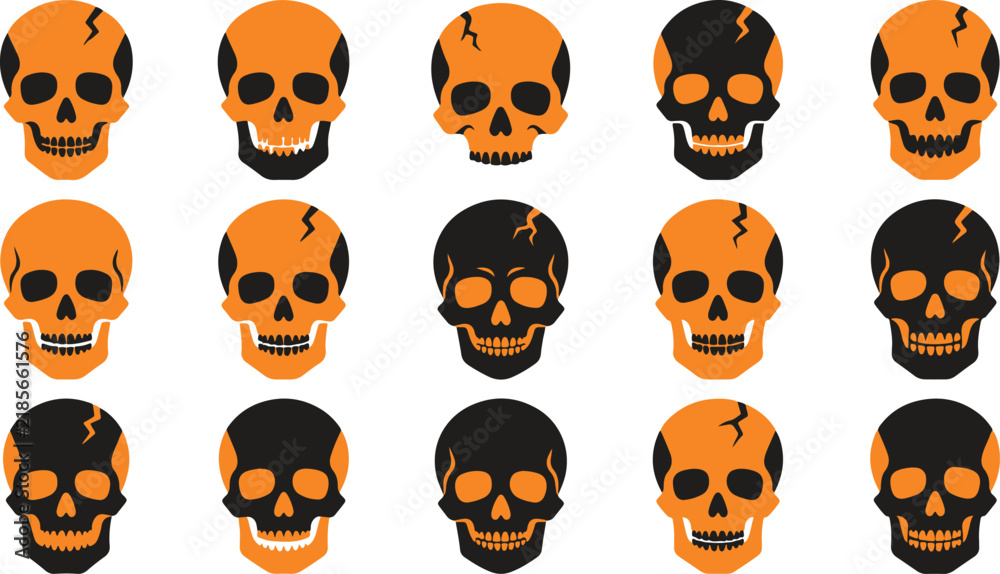 Fototapeta premium A detailed vector illustration set featuring various stylized human skulls with orange and black color schemes for halloween