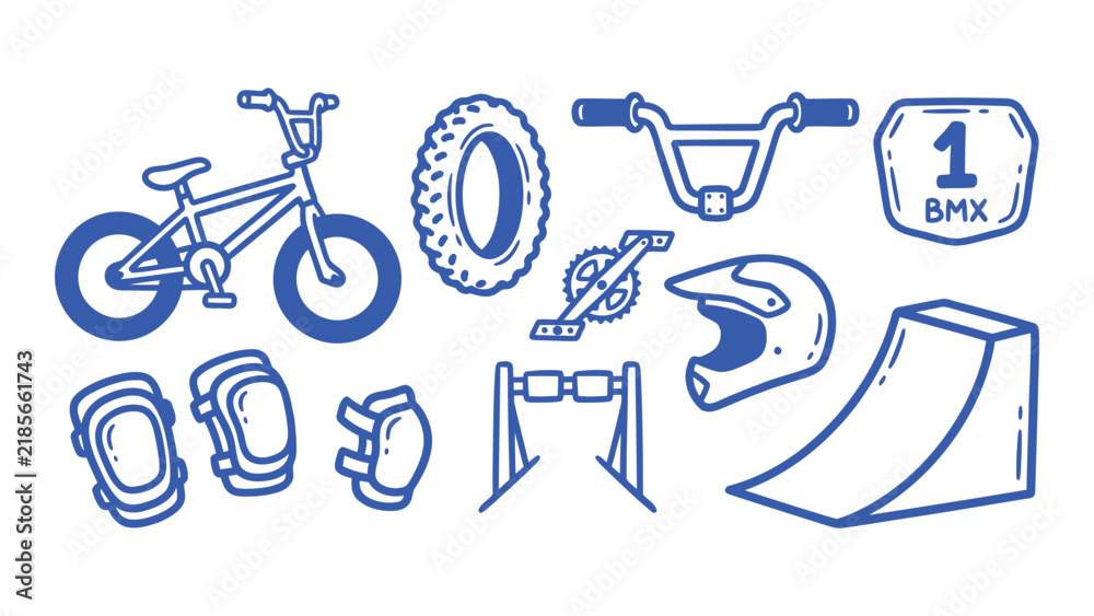 Obraz premium Bmx racing hand drawn doodle vector set with bicycle and protective gear icons