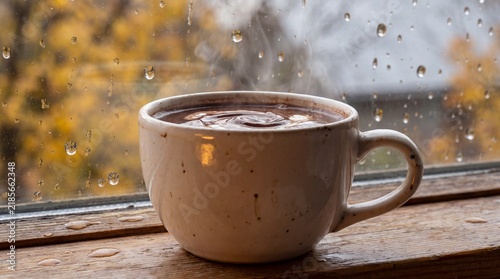 Hot cup of coffee on a wooden windowsill with rain drop on the glass and blurred autumn background