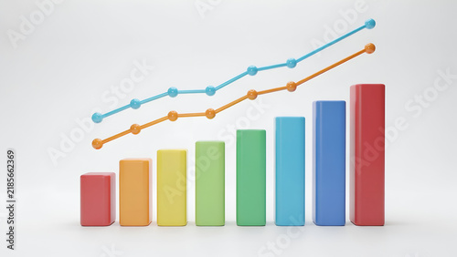 3d bar chart with two rising trend lines showing business growth and financial success isolated on white background